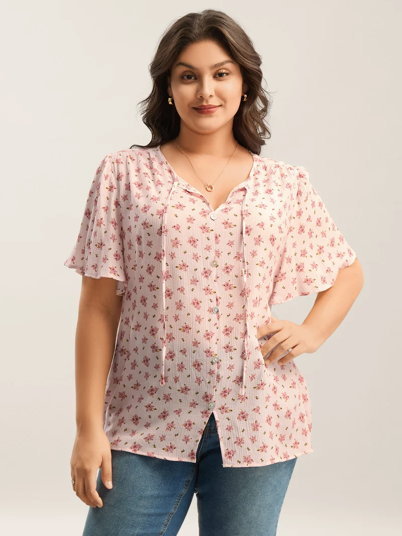 Blushing Floral Print Button Detail Blouse