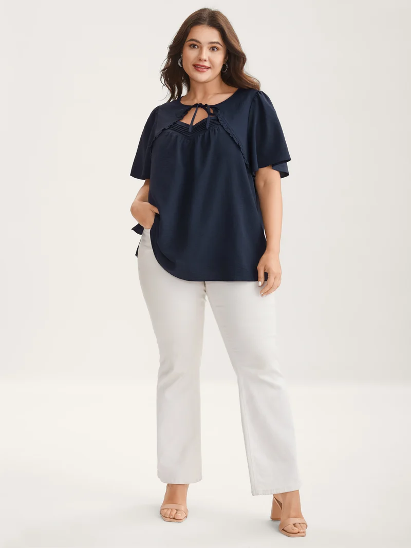Toothpick Pleated Neck Tie Solid Blouse