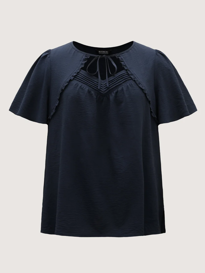 Toothpick Pleated Neck Tie Solid Blouse
