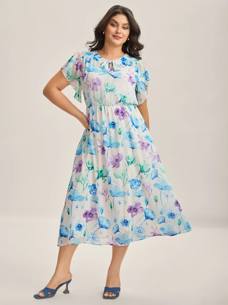 Breezy Floral Stretchy Waist Sheer Midi Dress