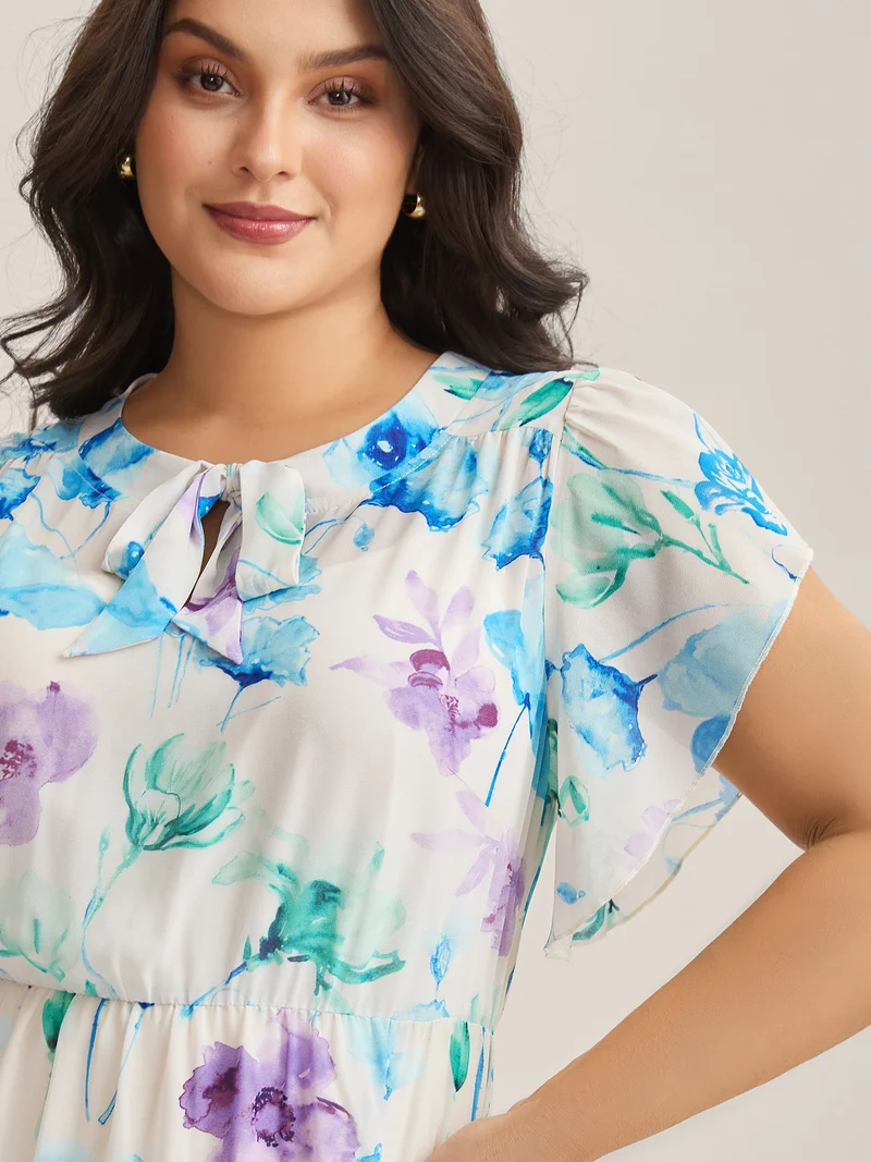 Breezy Floral Stretchy Waist Sheer Midi Dress
