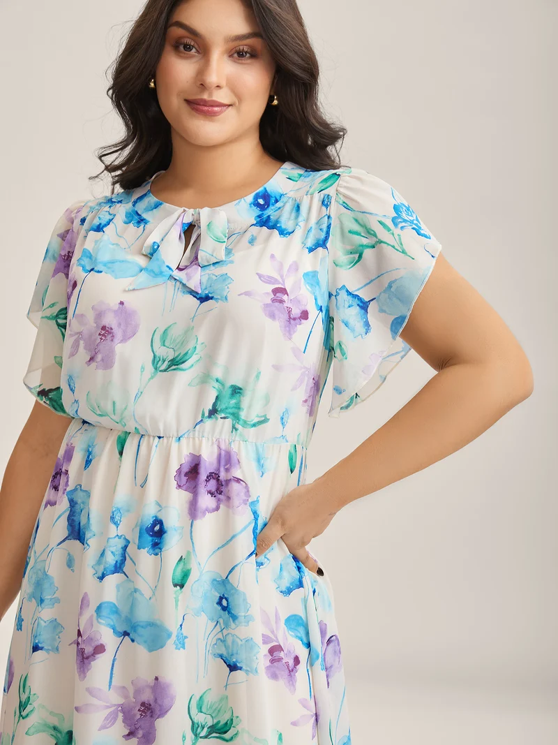 Breezy Floral Stretchy Waist Sheer Midi Dress