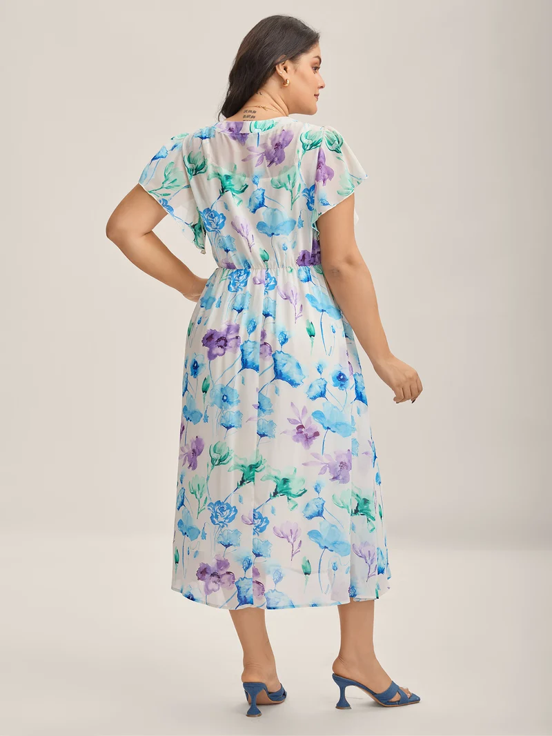 Breezy Floral Stretchy Waist Sheer Midi Dress