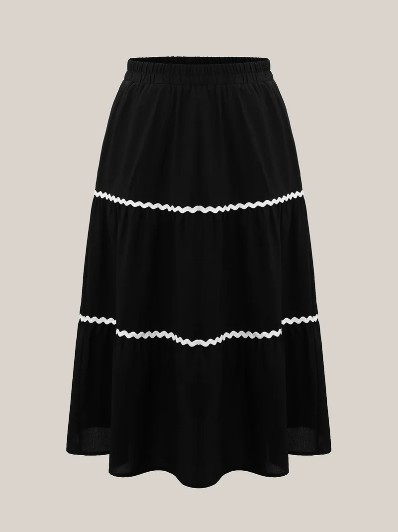 Wavy Lace Trim Tiered Maxi Skirt