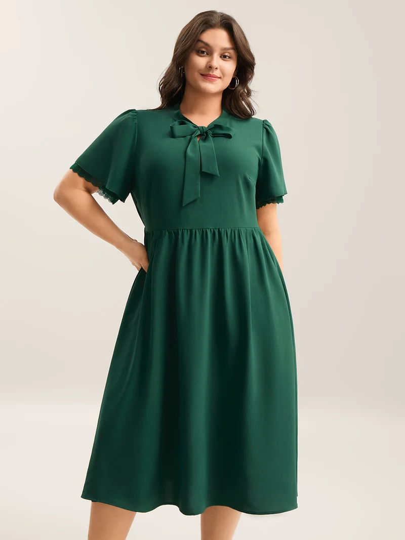 Ribbon Neck Flared Sleeve Midi Dress