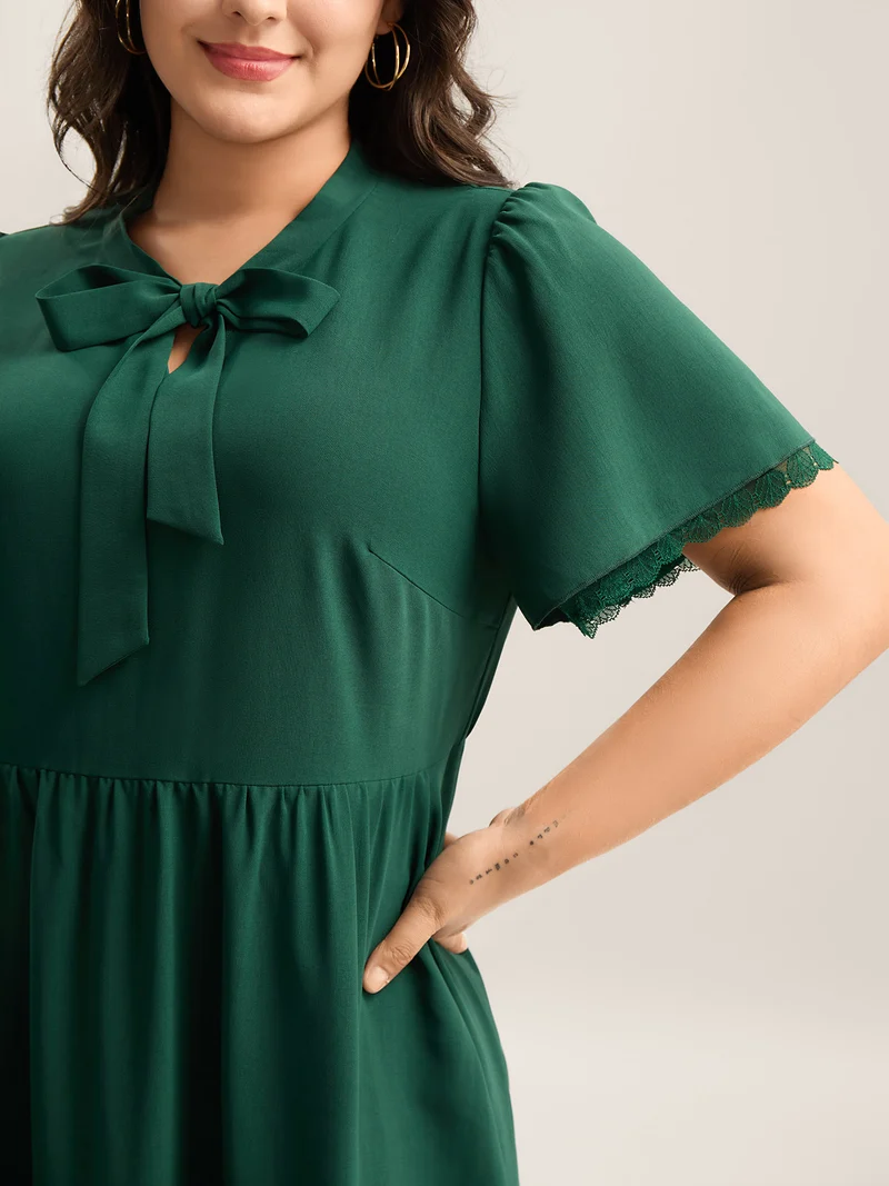 Ribbon Neck Flared Sleeve Midi Dress