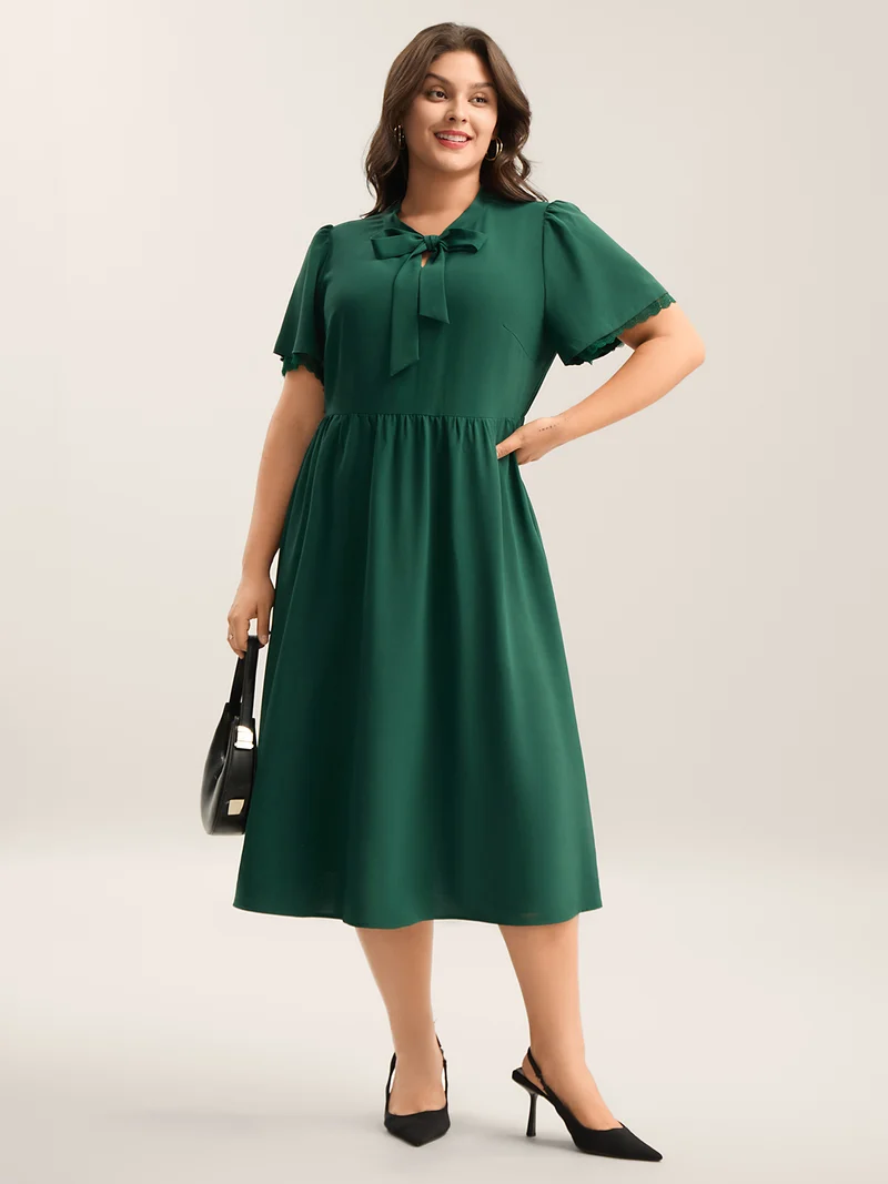 Ribbon Neck Flared Sleeve Midi Dress