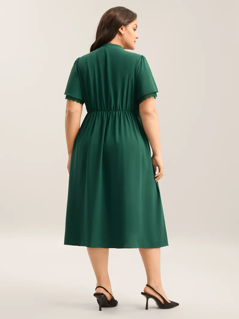 Ribbon Neck Flared Sleeve Midi Dress