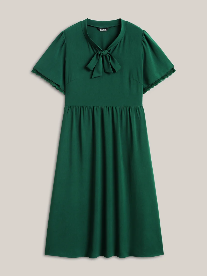 Ribbon Neck Flared Sleeve Midi Dress