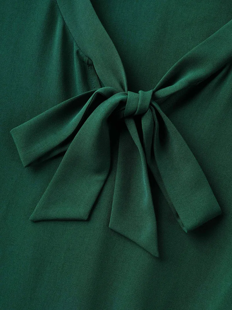 Ribbon Neck Flared Sleeve Midi Dress
