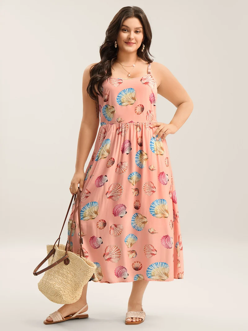 Rayon Adjustable Strap Shell Print Midi Dress