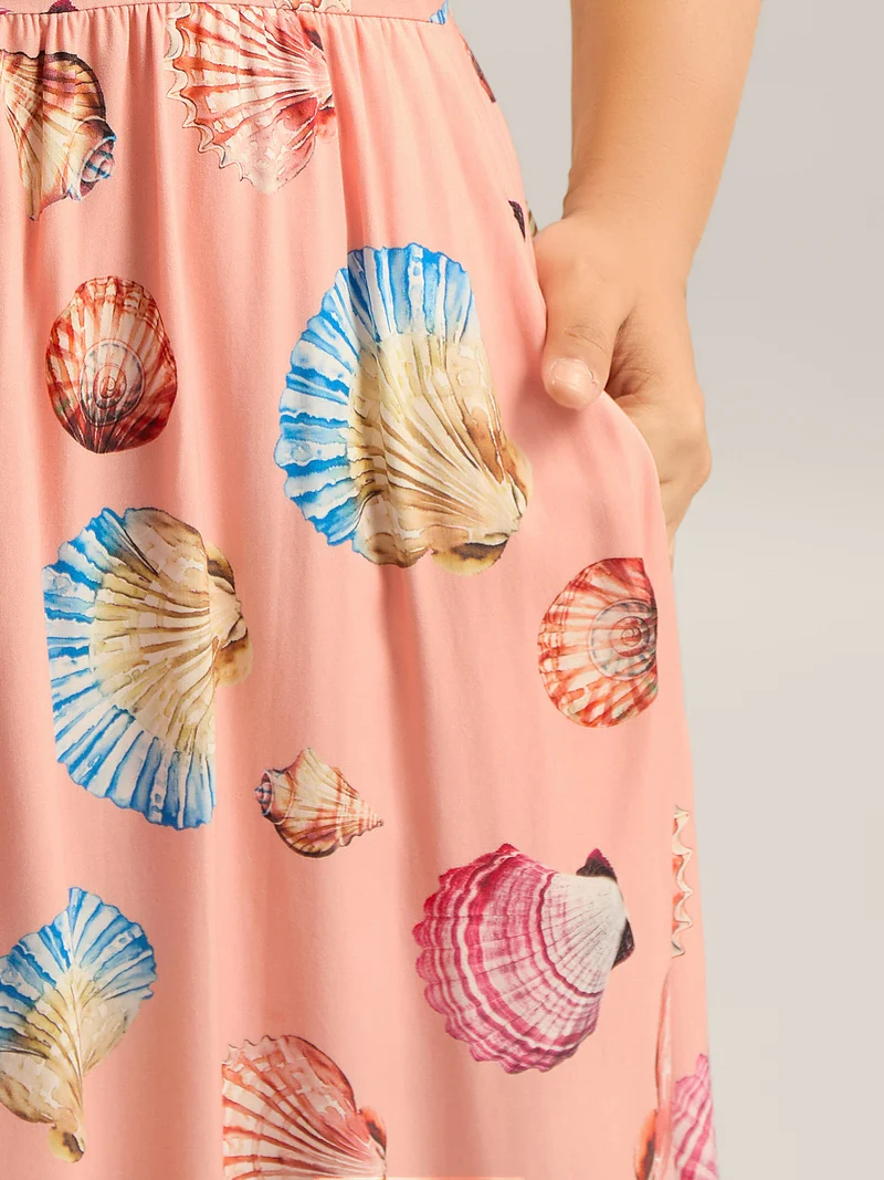 Rayon Adjustable Strap Shell Print Midi Dress