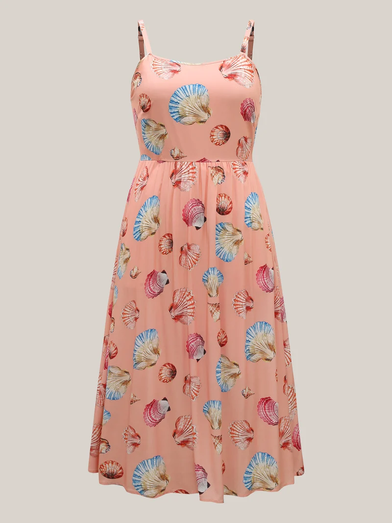 Rayon Adjustable Strap Shell Print Midi Dress