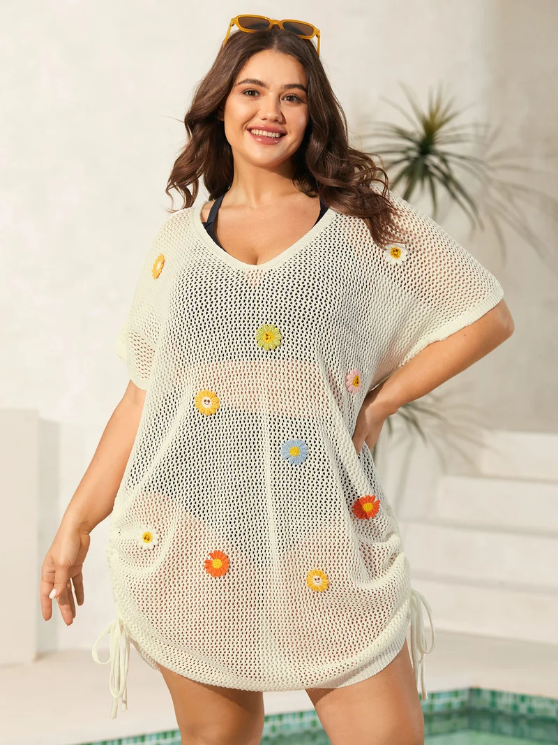 Crochet Floral Knotted Drawstring Swim Cover-Up