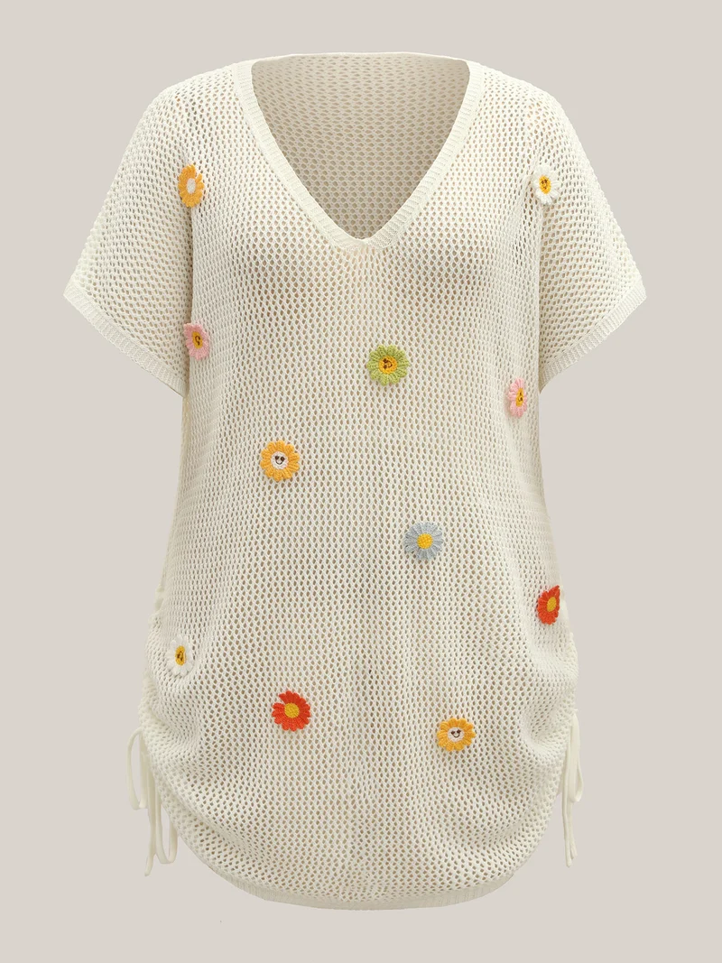 Crochet Floral Knotted Drawstring Swim Cover-Up