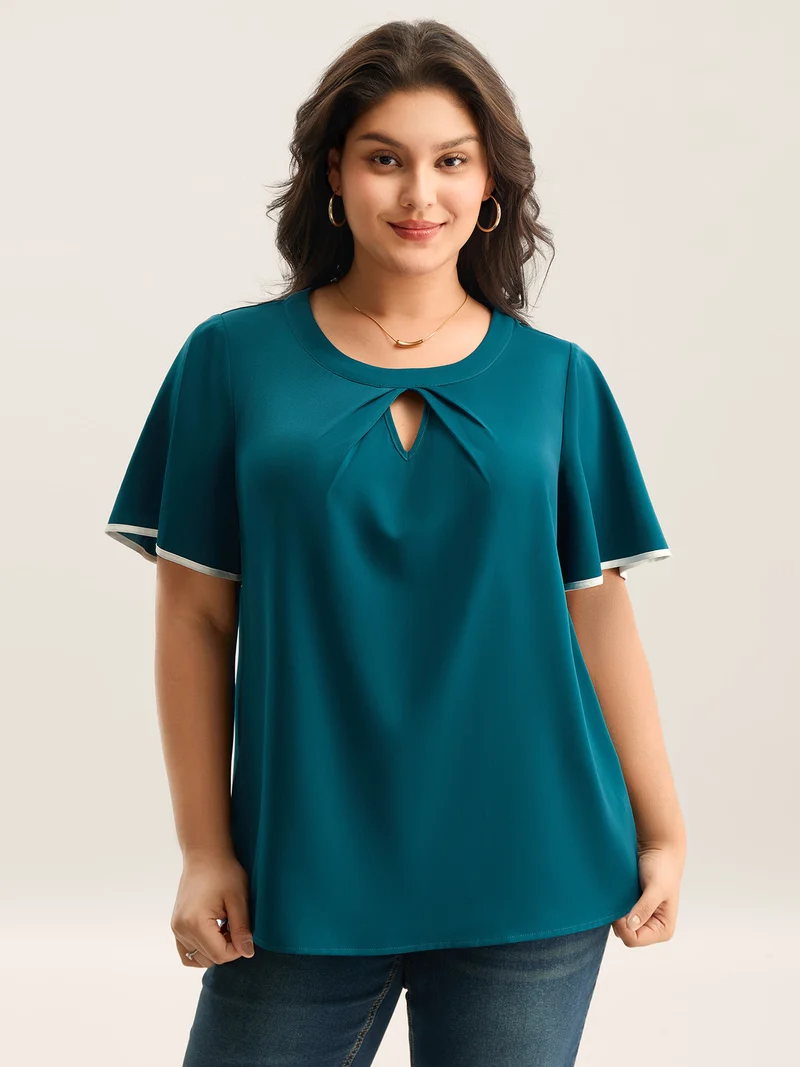 Flared Sleeve Keyhole Solid Blouse