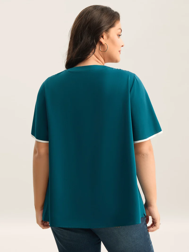 Flared Sleeve Keyhole Solid Blouse