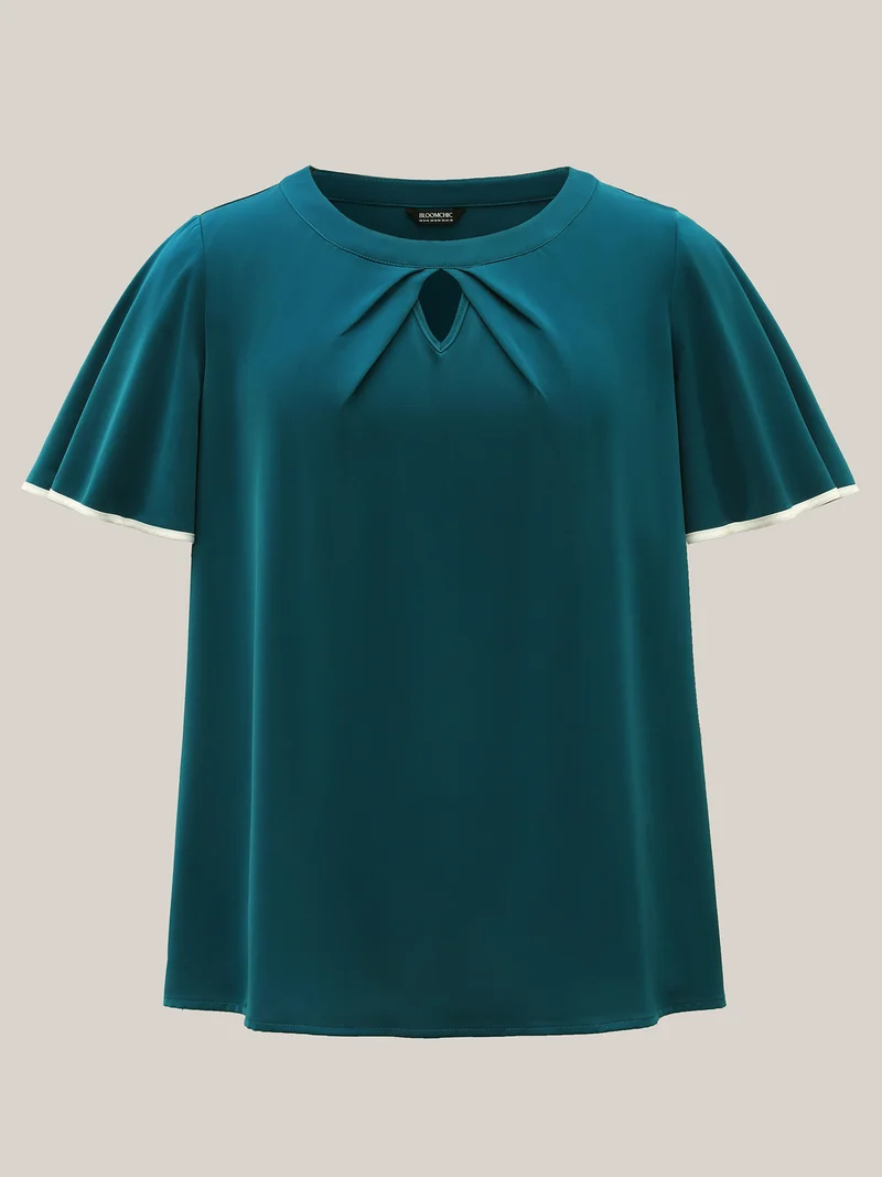 Flared Sleeve Keyhole Solid Blouse