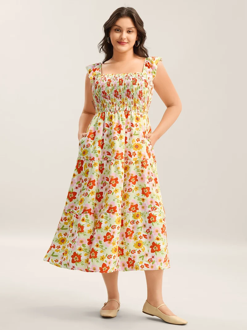 Floral Garden Stretchy Waist Shirred Midi Dress