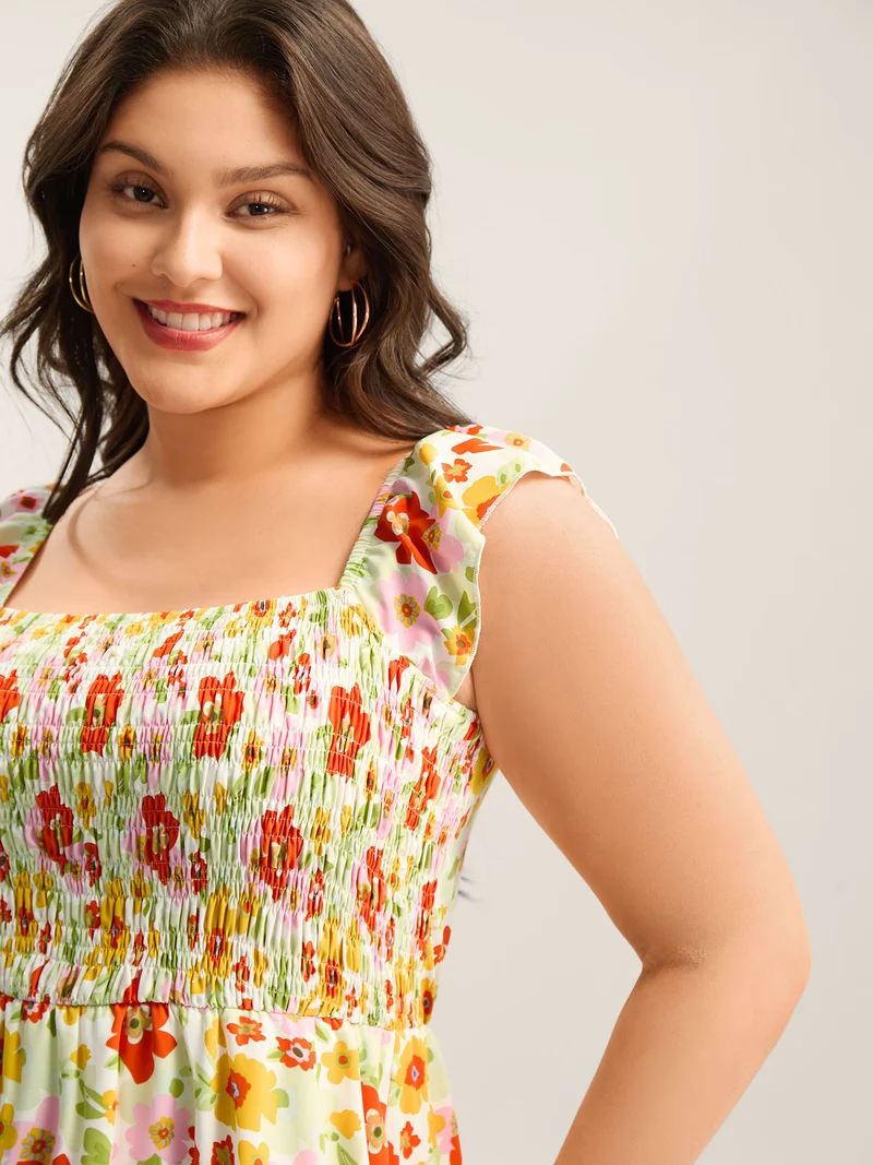 Floral Garden Stretchy Waist Shirred Midi Dress