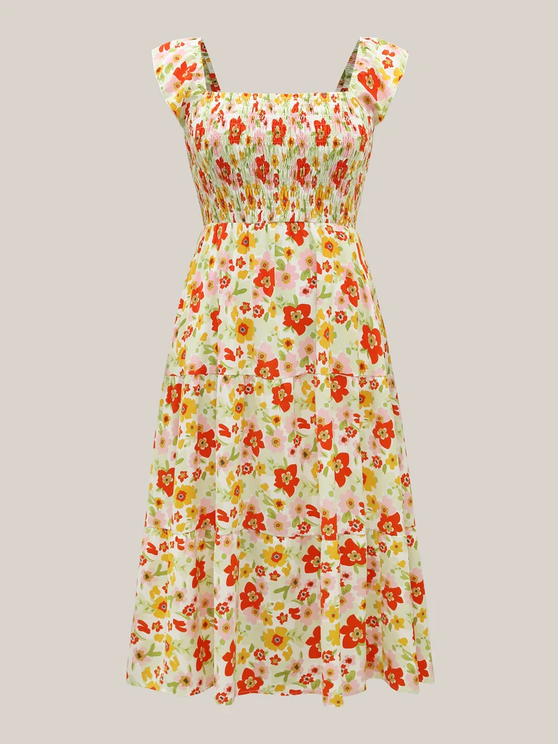 Floral Garden Stretchy Waist Shirred Midi Dress