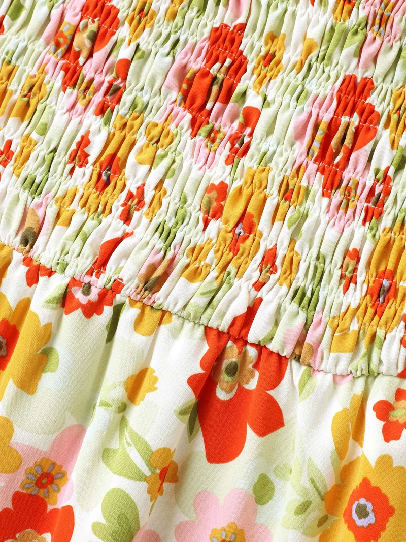 Floral Garden Stretchy Waist Shirred Midi Dress