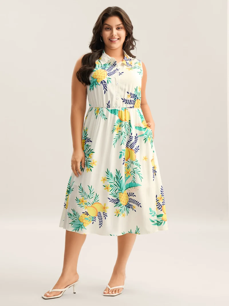 Rayon Fruit Print Collar Pockets Midi Dress