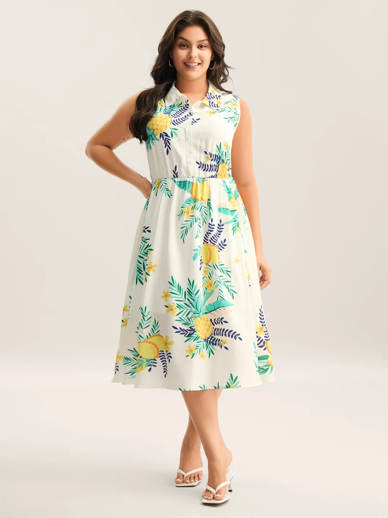 Rayon Fruit Print Collar Pockets Midi Dress