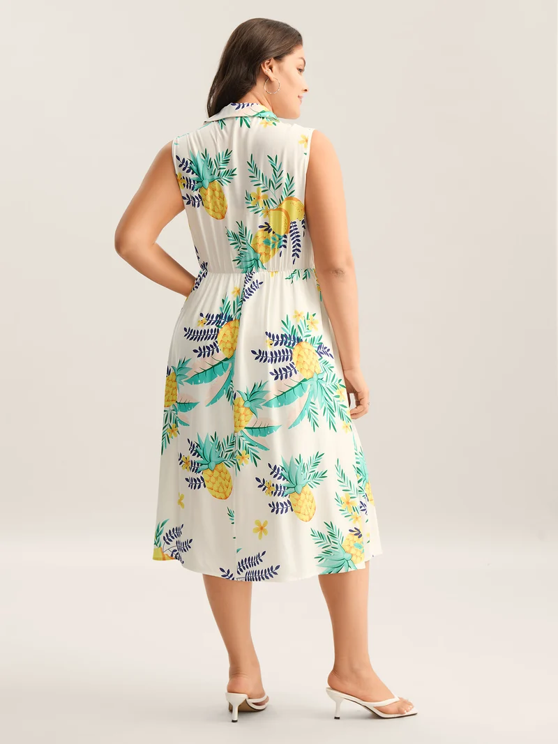 Rayon Fruit Print Collar Pockets Midi Dress