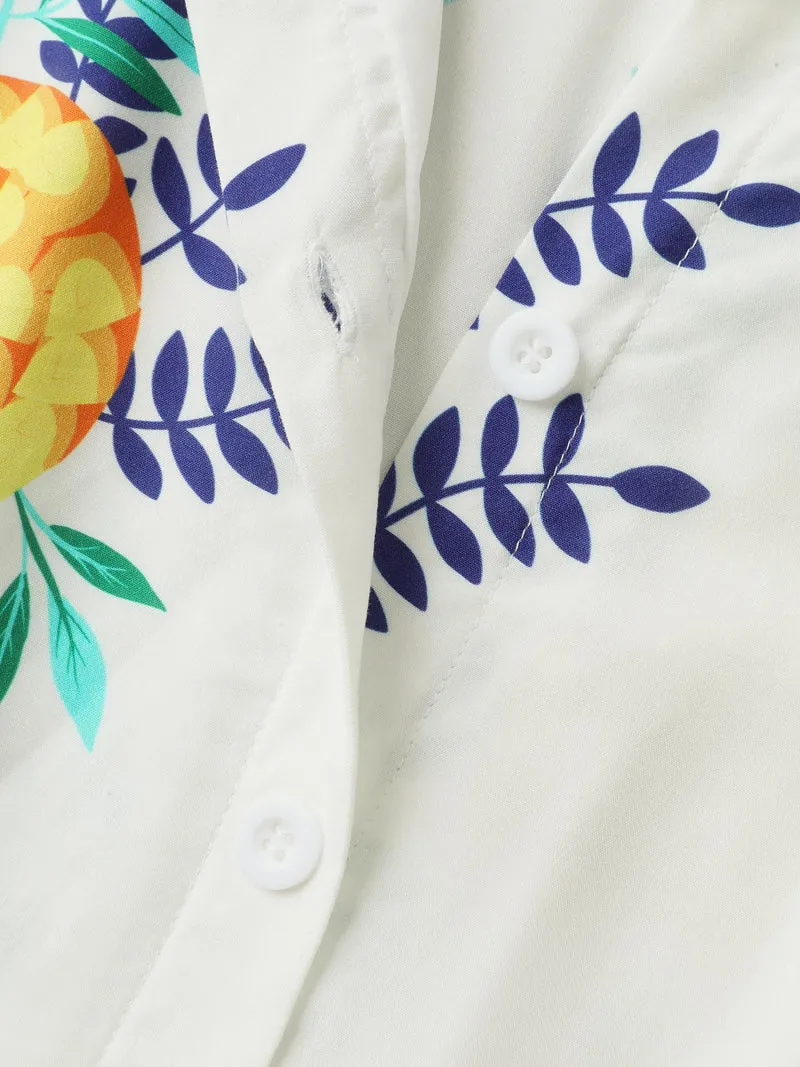 Rayon Fruit Print Collar Pockets Midi Dress