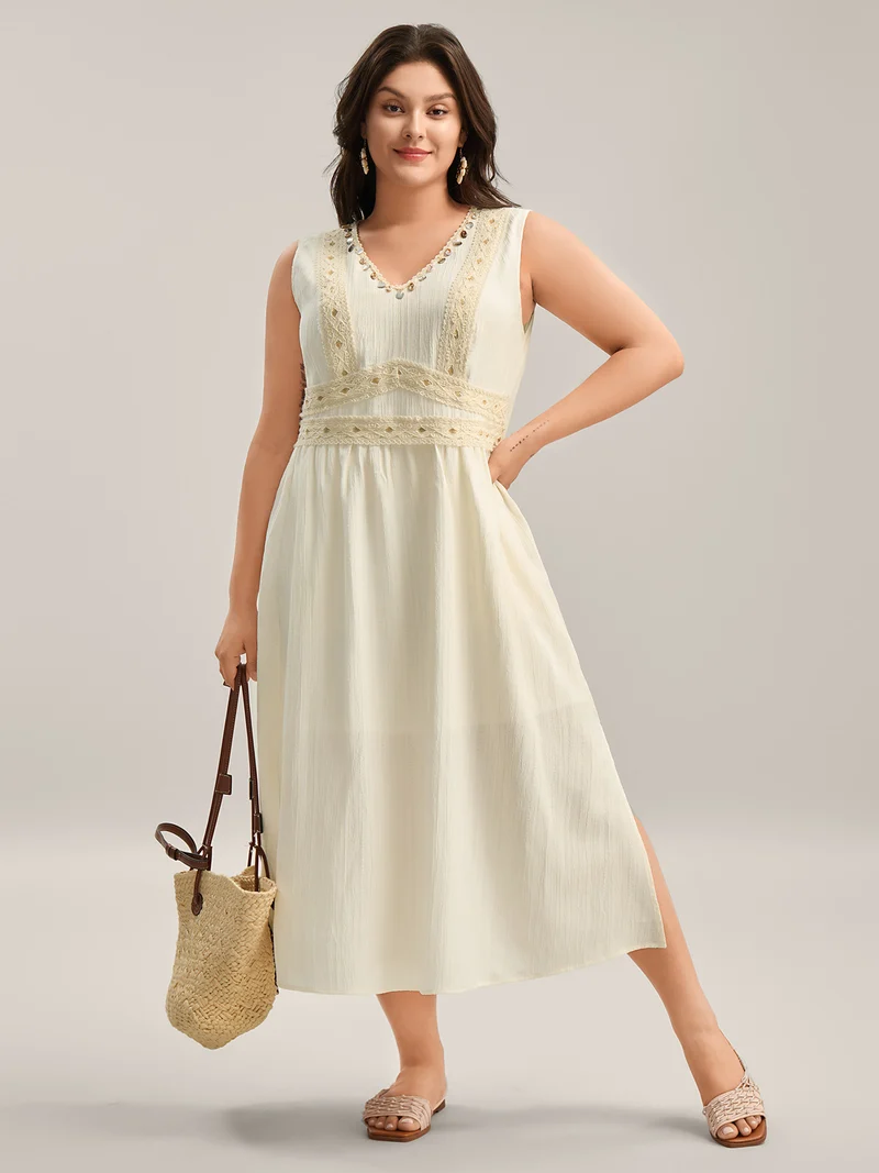 Textured Solid Lace Trim Midi Dress