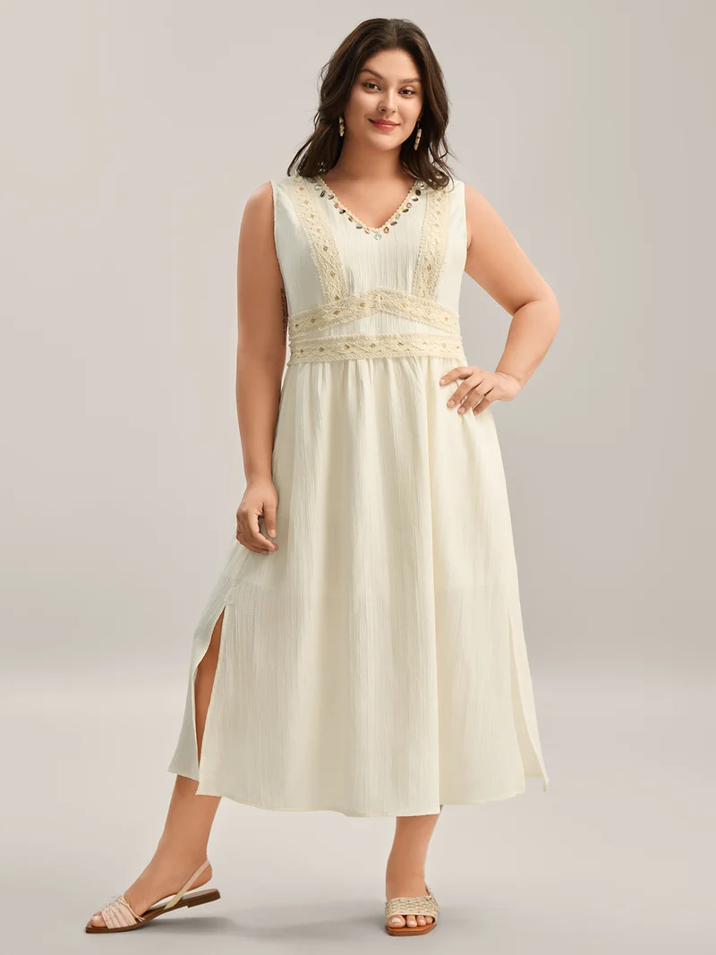 Textured Solid Lace Trim Midi Dress