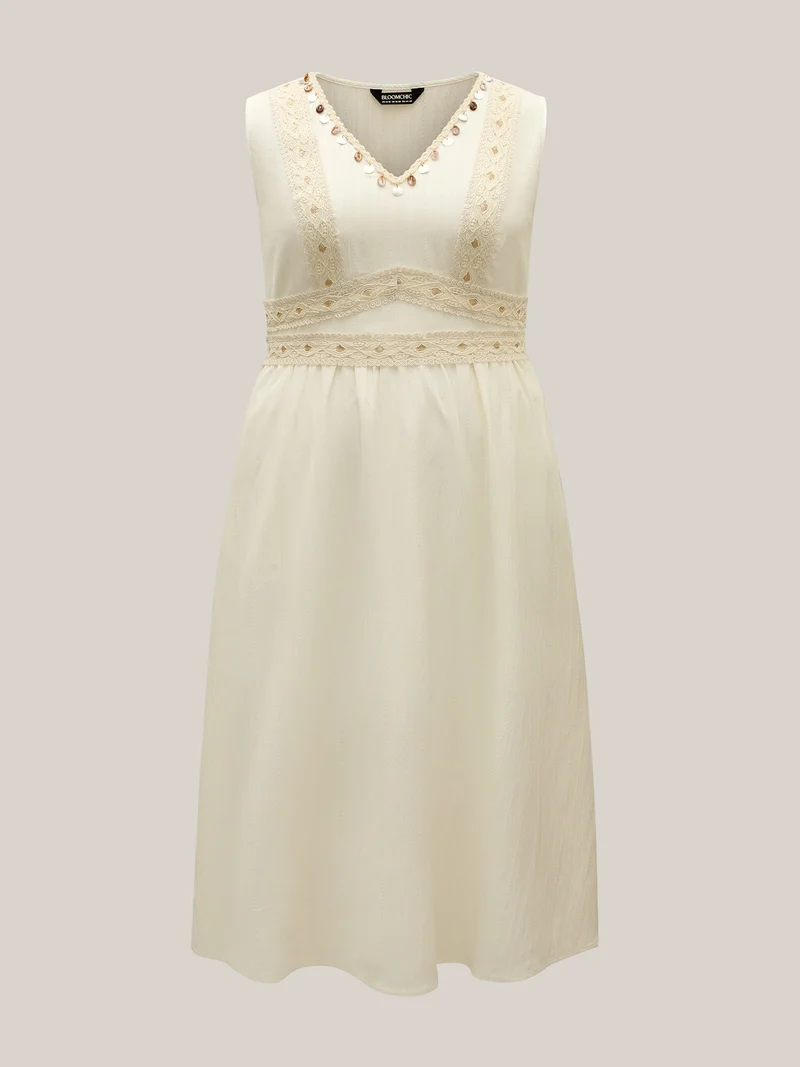 Textured Solid Lace Trim Midi Dress