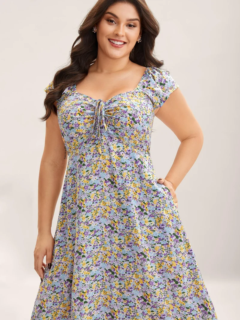 Ditsy Floral Print Neck Tie Midi Dress