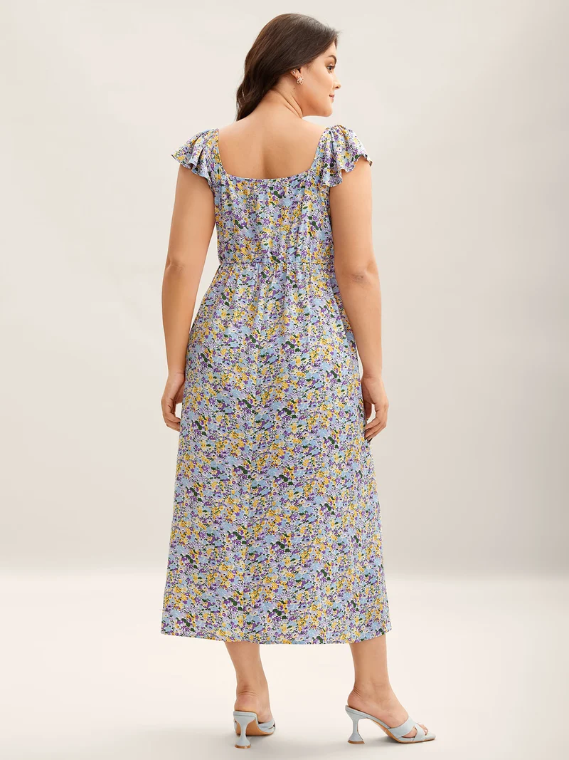 Ditsy Floral Print Neck Tie Midi Dress