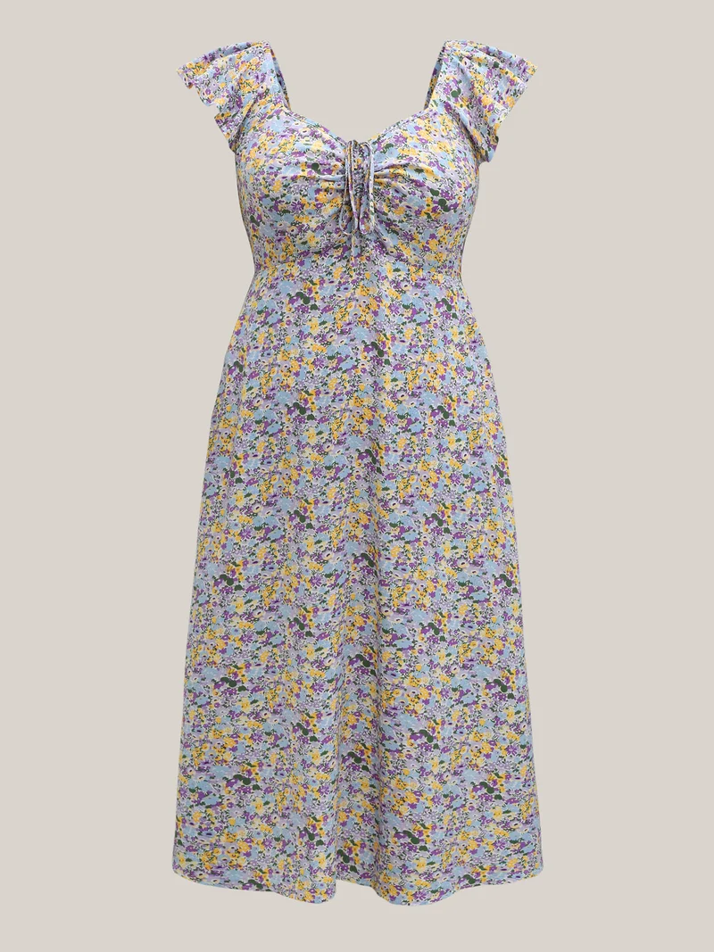 Ditsy Floral Print Neck Tie Midi Dress