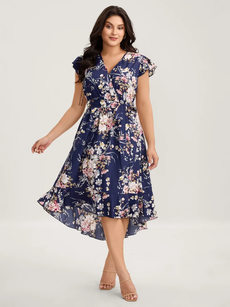 Midnight Blooms Wrap A-Line Midi Dress