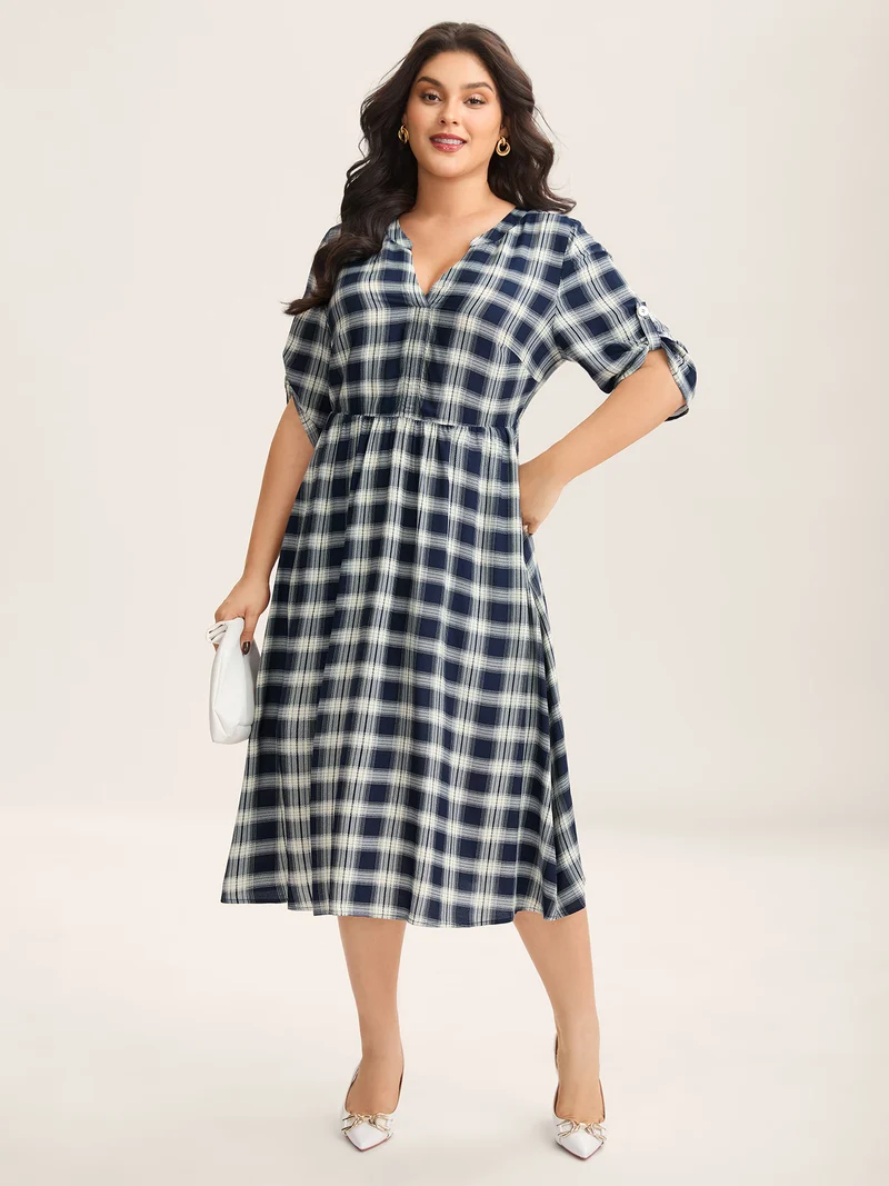 Plaid Pattern Tab Sleeve Pockets Midi Dress