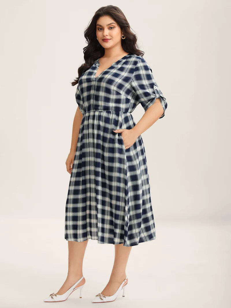 Plaid Pattern Tab Sleeve Pockets Midi Dress