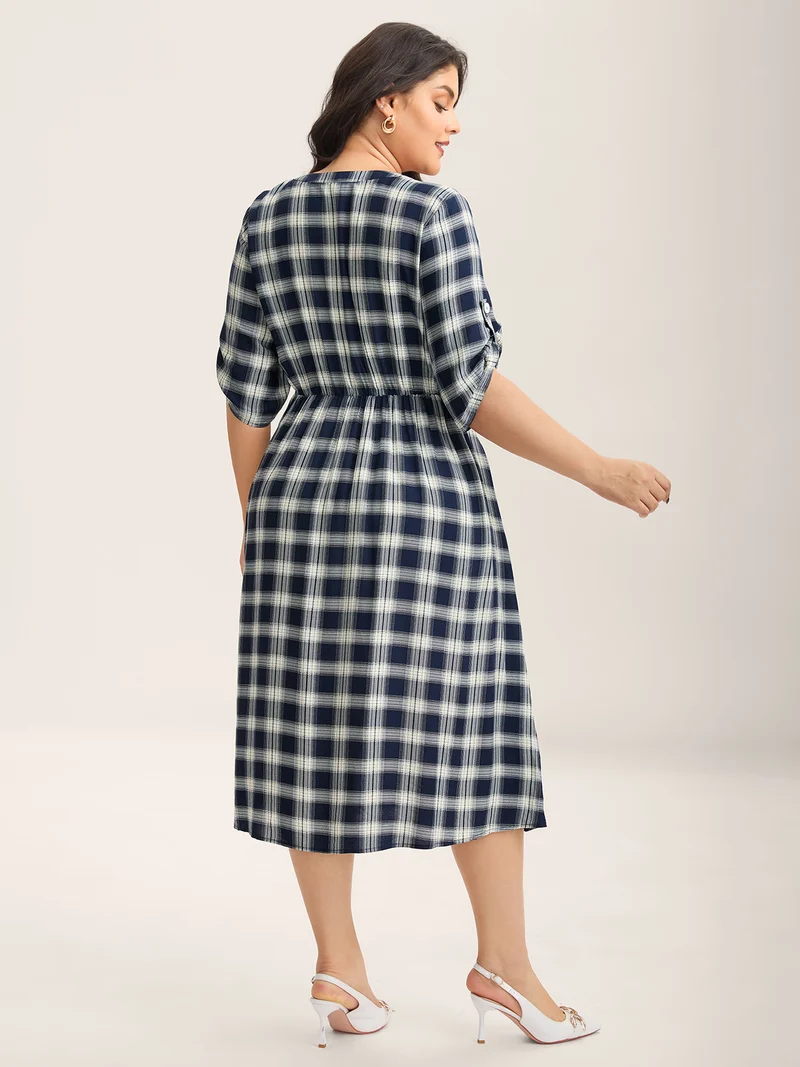 Plaid Pattern Tab Sleeve Pockets Midi Dress