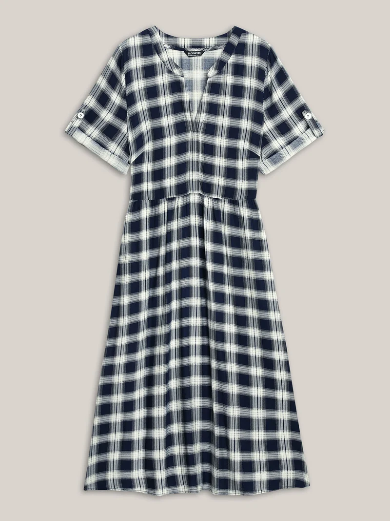 Plaid Pattern Tab Sleeve Pockets Midi Dress
