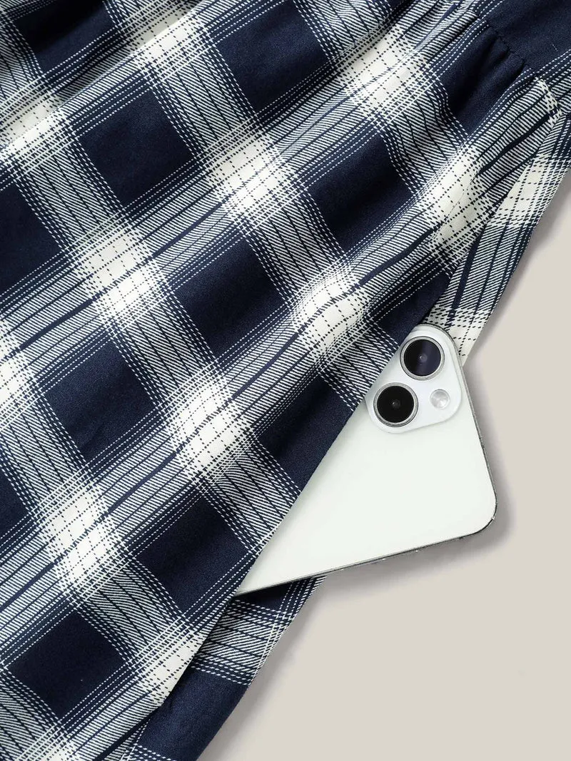 Plaid Pattern Tab Sleeve Pockets Midi Dress