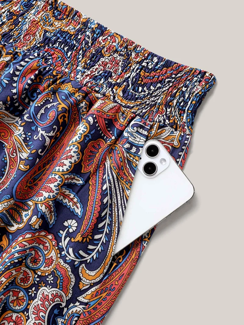 Paisley Print Shirred Waist Jogger Pants