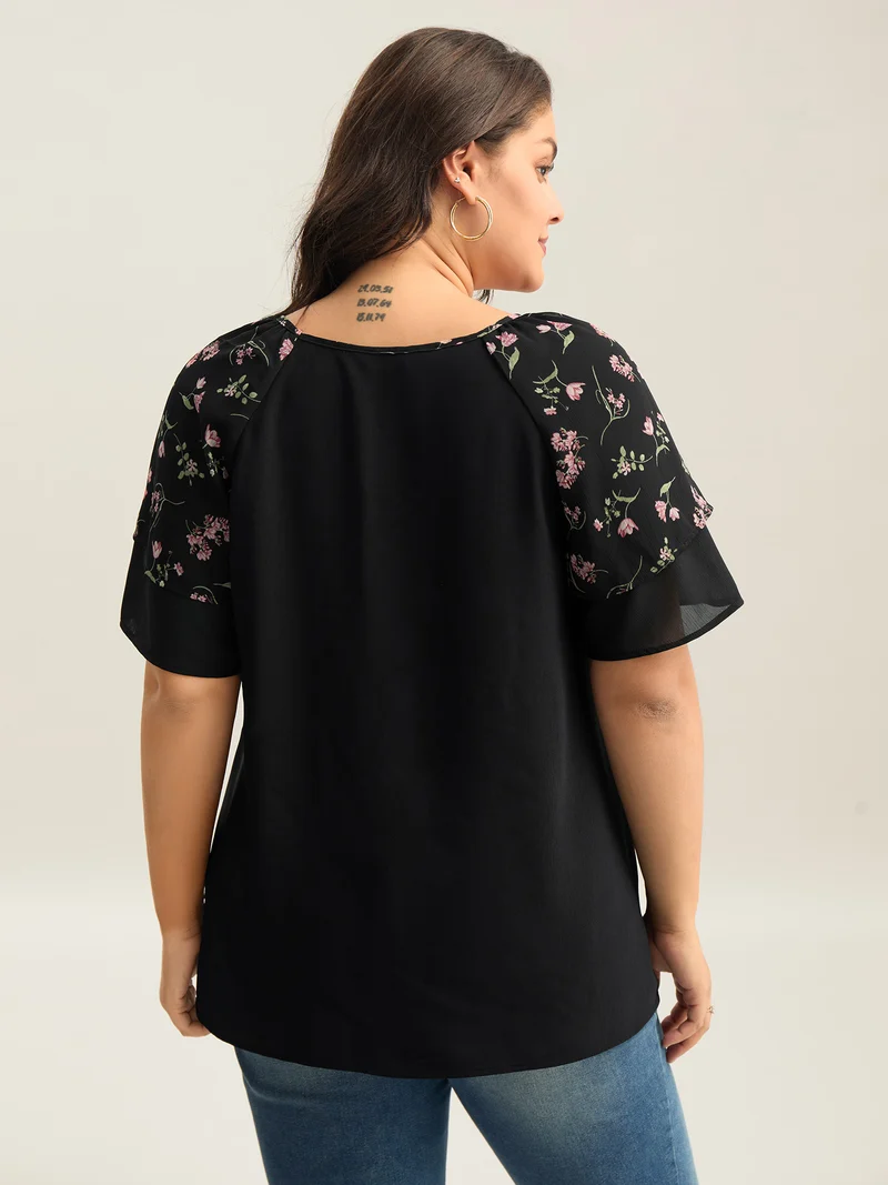 Floral Layered Sleeve Solid Blouse