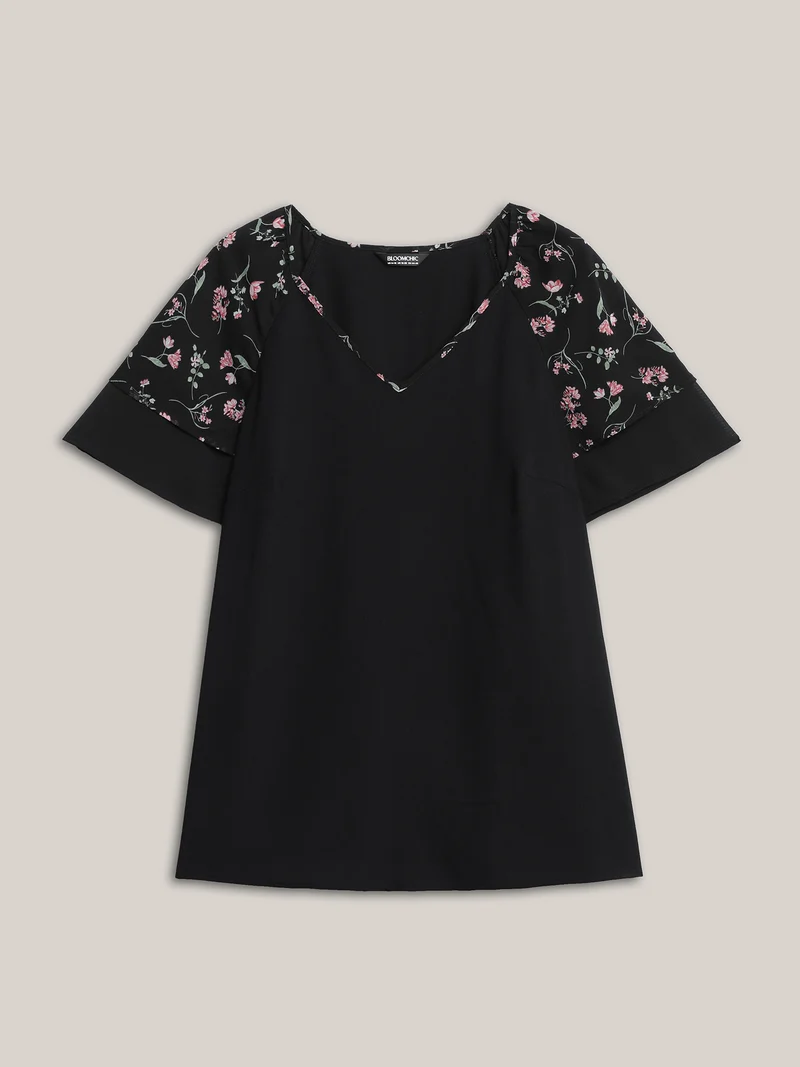 Floral Layered Sleeve Solid Blouse