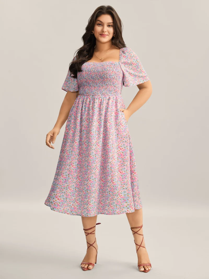 Floral Print Shirred Pockets Midi Dress