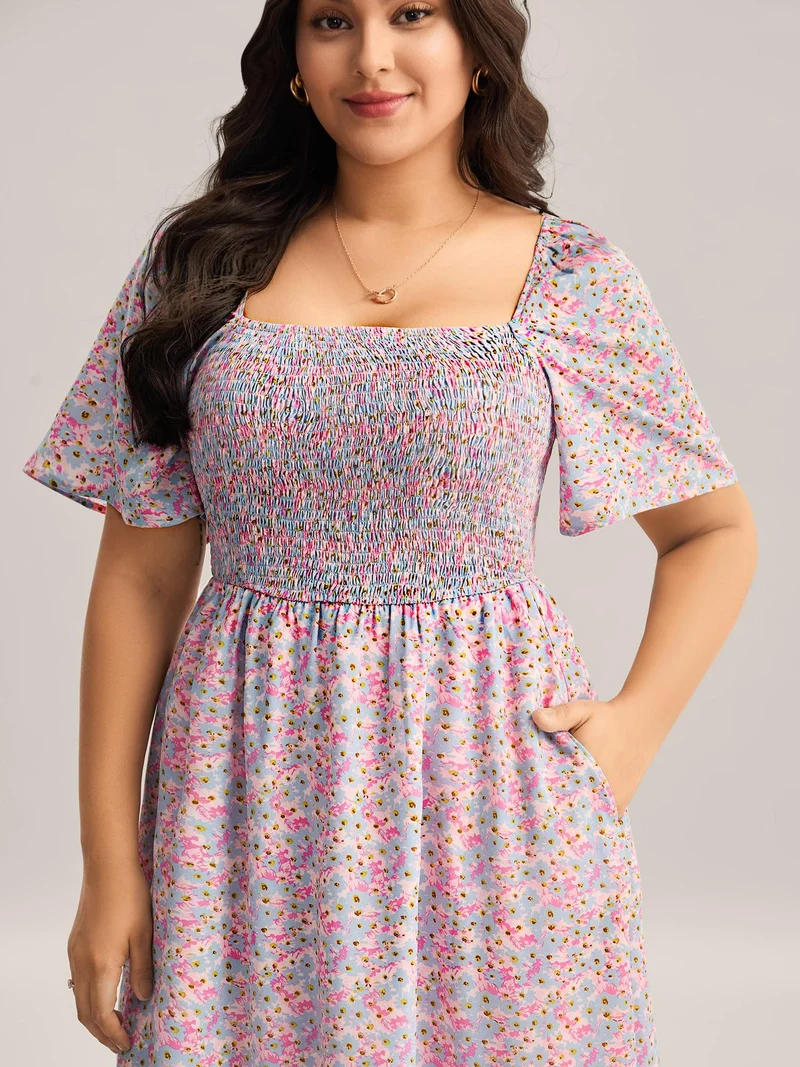 Floral Print Shirred Pockets Midi Dress