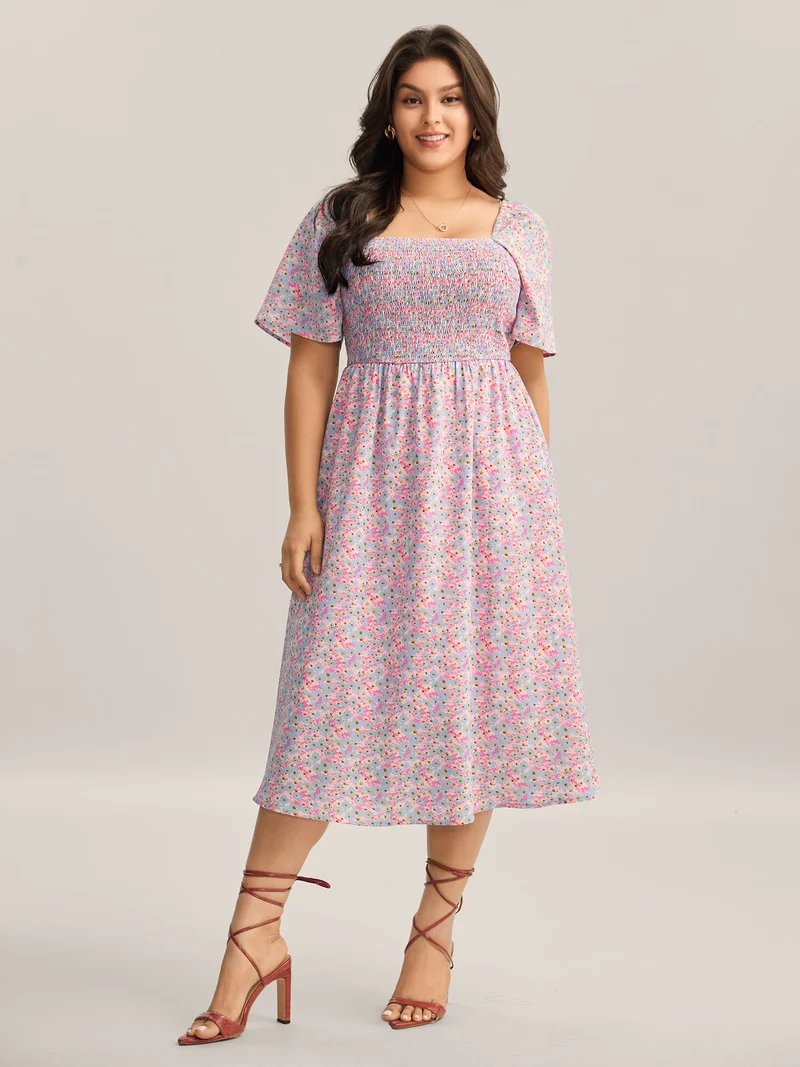 Floral Print Shirred Pockets Midi Dress