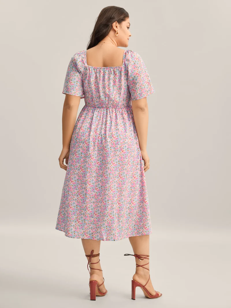 Floral Print Shirred Pockets Midi Dress