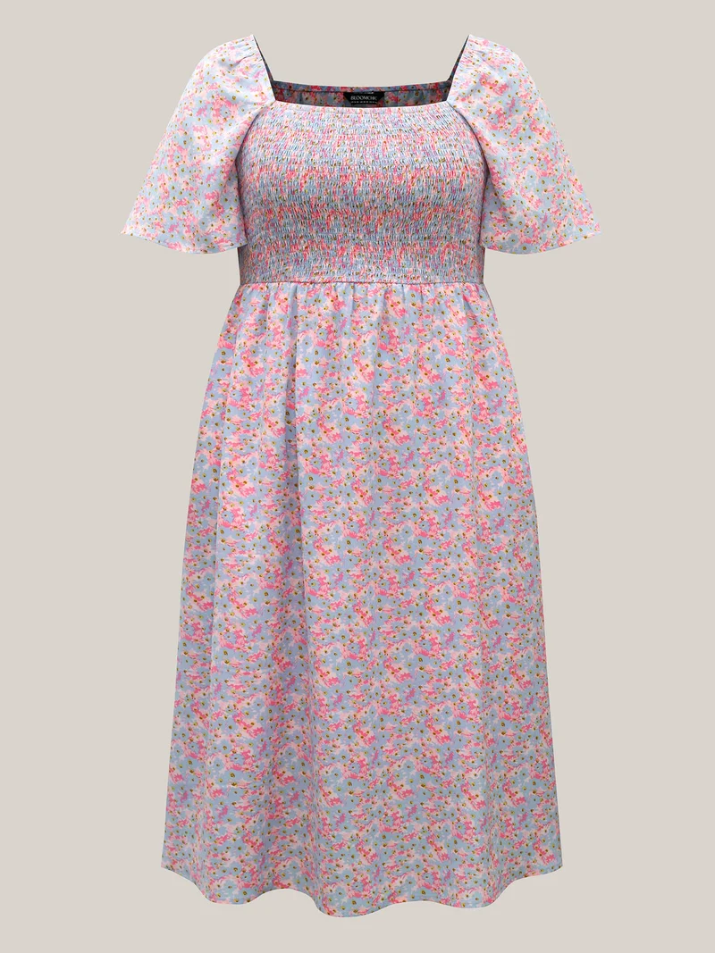 Floral Print Shirred Pockets Midi Dress